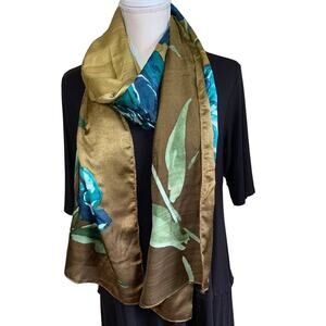 Echo Tan Oblong Scarf with Blue Flowers